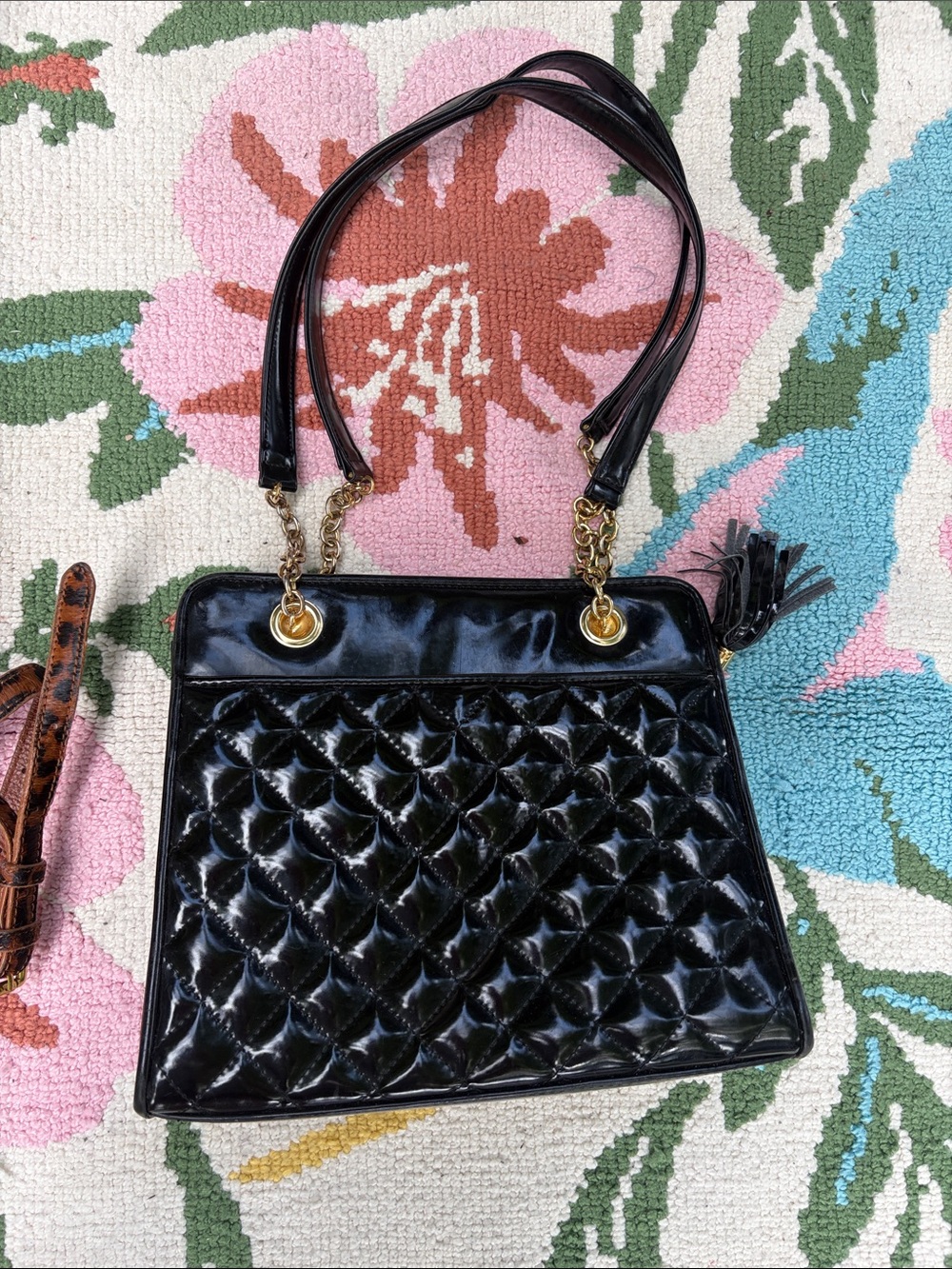 Black Quilted Patent Leather Tote Bag with Gold Hardware